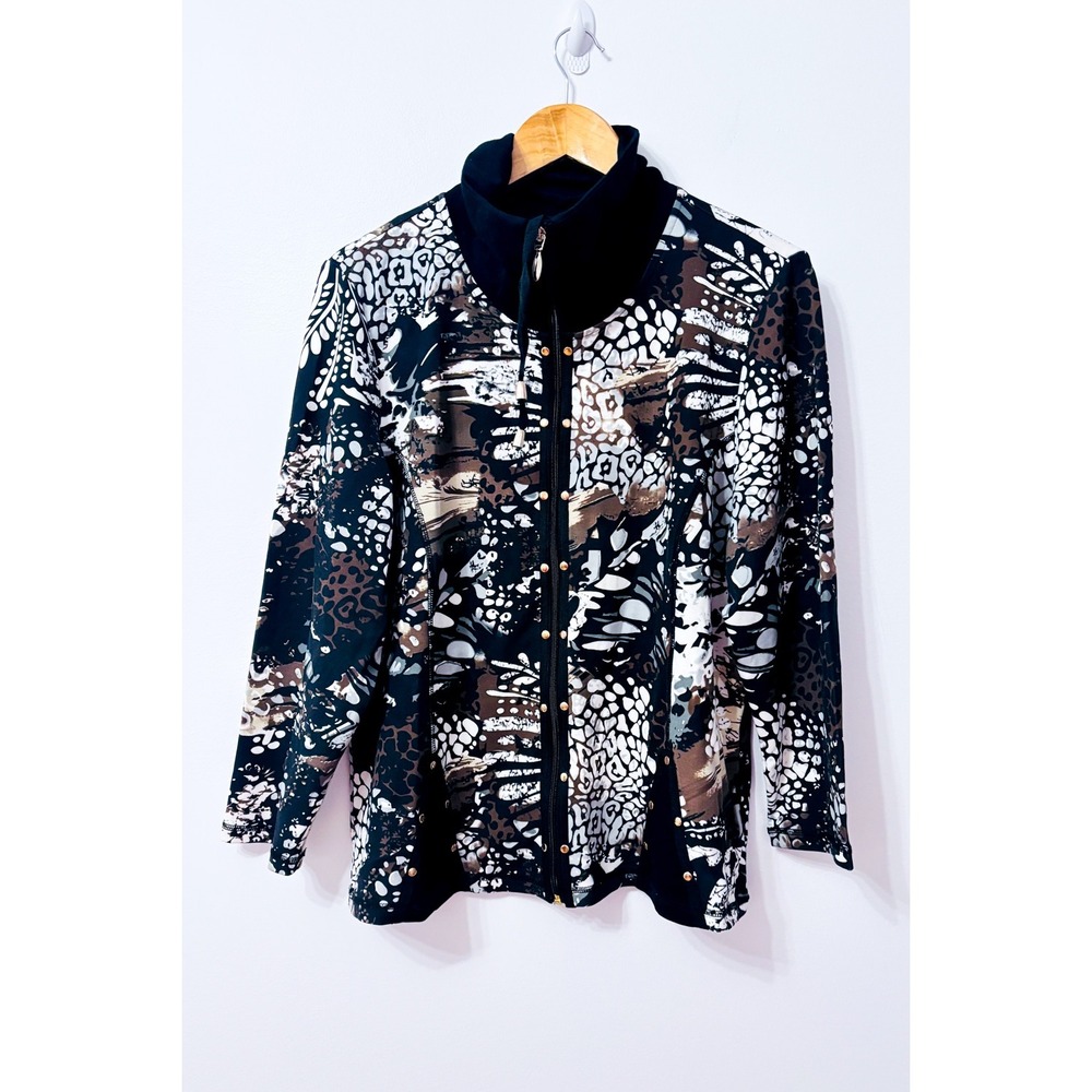GRAFFITI PETITE Black Brown Abstract Print Full Zip High Collar Jacket X-Large